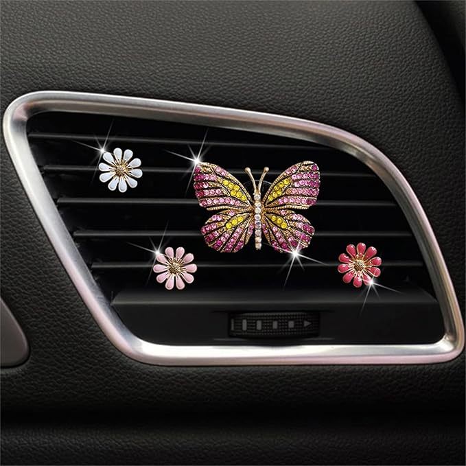 Bling Butterfly Car Clip Decor Interior，Cute Car Vent Clips Dashboard Decorations, Car Accessories Air Aromatherapy Vent Clip,Car Air Freshener Vent Clips, Rhinestone Car Accessories for Girls Womens Car Interior Decoration Cute Set (Pink Butterfly + 3...