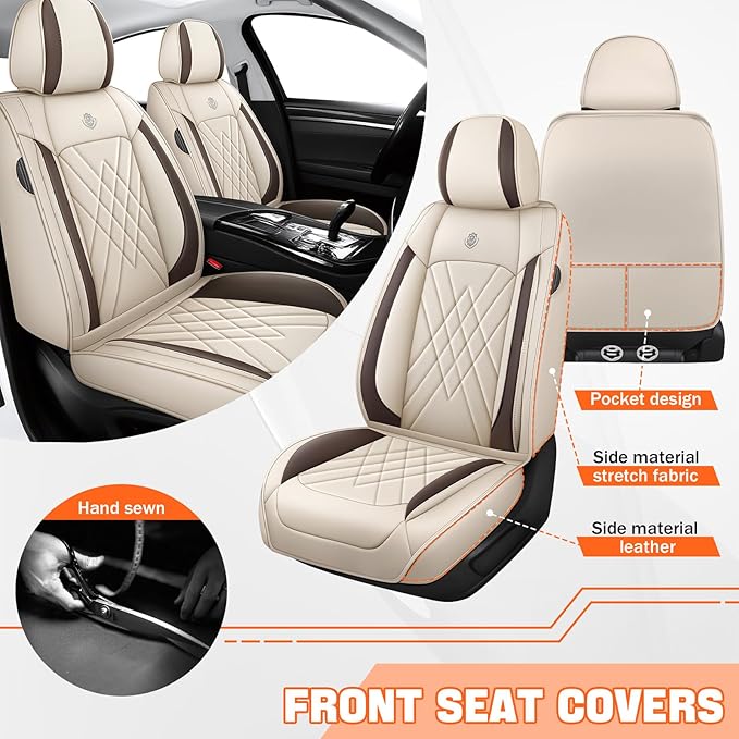 Car Seat Covers Compatible with Toyota Camry 2012-2026 Durable Waterproof Automotive Seat Covers Stretchable Fabric Material, Airbag Compatibility, Premium Nappa Leather(Full Set, Beige Brown)