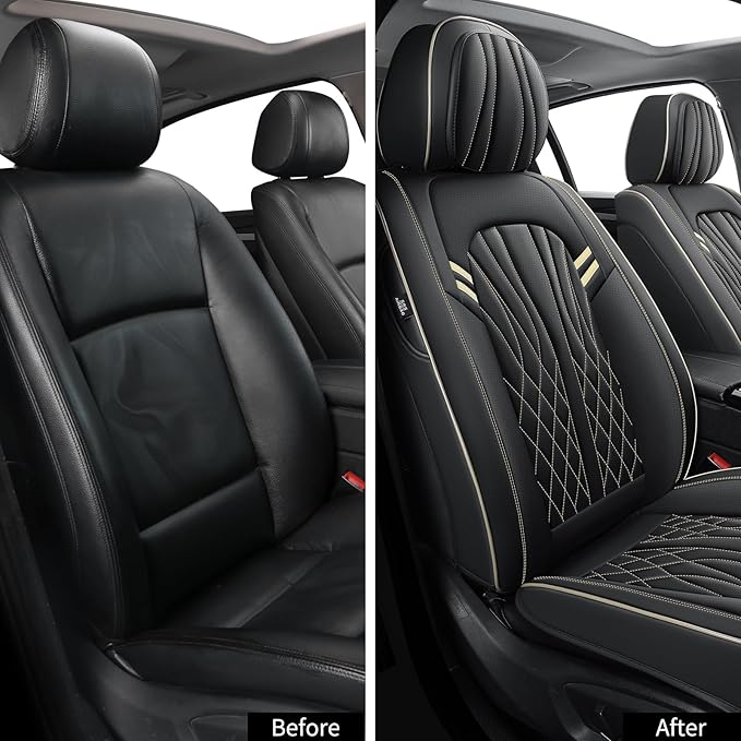 Seat Covers for Cars, Waterproof Seat Covers, Leather Car Seat Covers 2 Pack, Universal Seat Cushion Protector for Most Cars Black&Beige Line