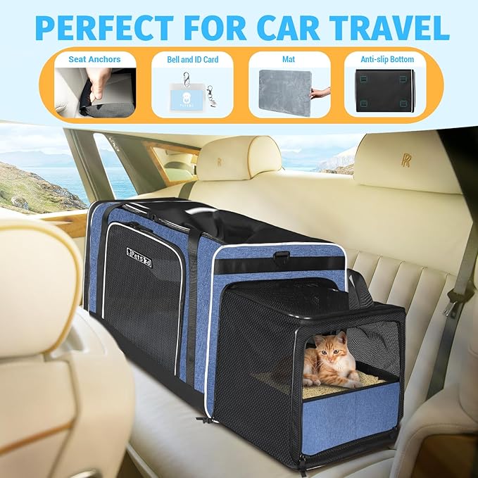 Petskd Side Expandable Extra Large Cat Carrier with Litter Box Area, 24"x17"x17" Soft-Sided Pet Carrier for 2 Cats Under 55 lbs with Zipper Locks for Car Travel(Blue)