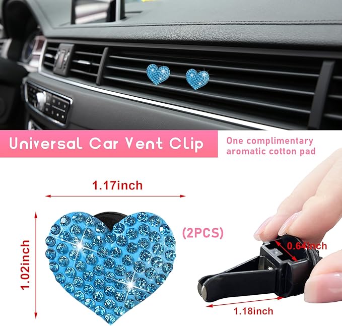 Ziciner 2PCS Bling Heart Car Air Vent Clips Charms, Heart Shaped Crystal Car Air Freshener Vent Clips, Rhinestone Air Conditioning Outlet Clip, Vehicle Decor Accessories for Women Girls (Blue)