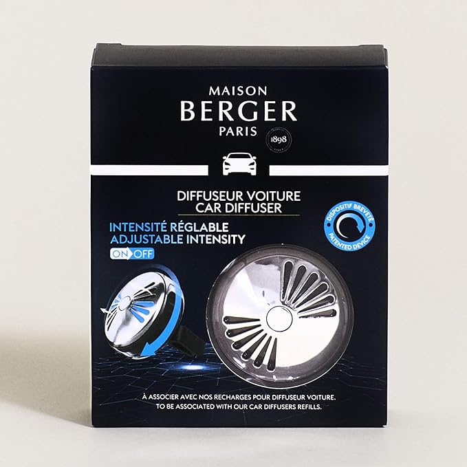 MAISON BERGER - Adjustable Refillable Car Air Freshener Vent Clip Diffuser Set - 1.75" Diameter x 1.25" Depth - Made in France (On/Off Flash - Gun Metal)