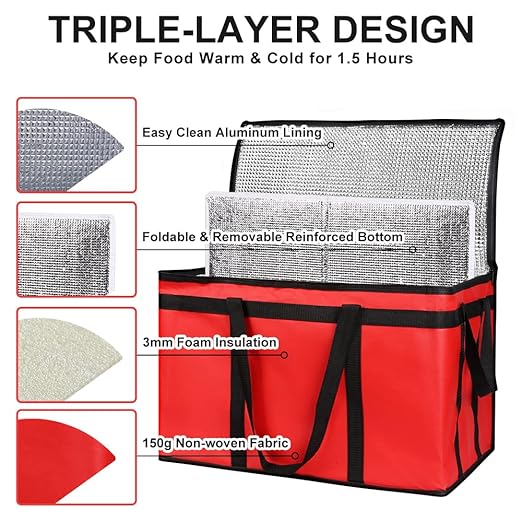 CIVJET Insulated Food Delivery Bag with Hard Bottom, XXX-Large Insulated Reusable Grocery Cooler/Hot Bags, Tote Bag for Shopping/Travel, Red, 1-Pack