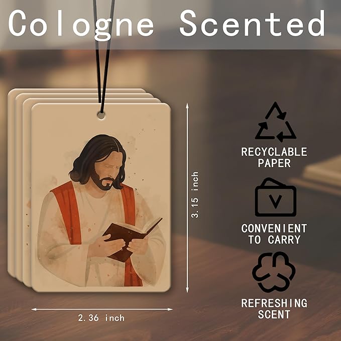 Jesus Car Air Freshener 4 Pcs, Watercolor Religious Scented Hanging Decor for Christian Women Men, Vehicles Home Church, Faith Based Mirror Gif