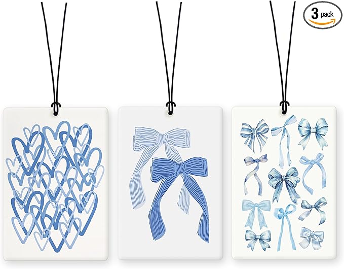 Lacama Blue Car Air Freshener 3Pcs, Watercolor Coquette Bow Love Cars Scents Air Freshener for Women Girls Gifts, Preppy Coquette Car Accessories Interior Mirror Decor Hanging