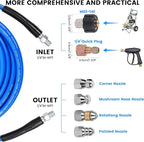 100FT Pressure Washer Sewer Jetter Kit, 5800 PSI Water Jet Drain Cleaner Hose with Corner Rotating Button Nose Nozzle, 1/4 Inch NPT, Kit Includes Sewer Jetting Nozzles and Spanner Handle Strap