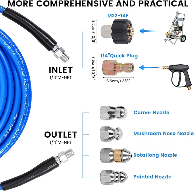 50FT Pressure Washer Sewer Jetter Kit, 5800 PSI Water Jet Drain Cleaner Hose with Corner Rotating Button Nose Nozzle, Sewer Jetting Nozzles Kit with Spanner Handle Strap