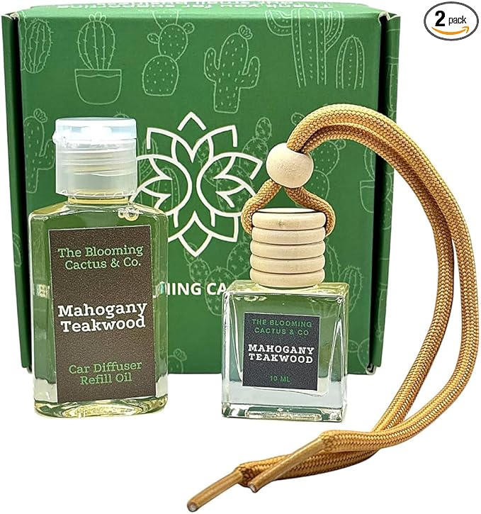 Car Air Freshener with 1 Oz Refill included | Car scented on the go | Car Air Freshener | Long Lasting Hanging Fragrance | Phthalate Free Fragrance (Mahogany Teakwood, 10 ml)