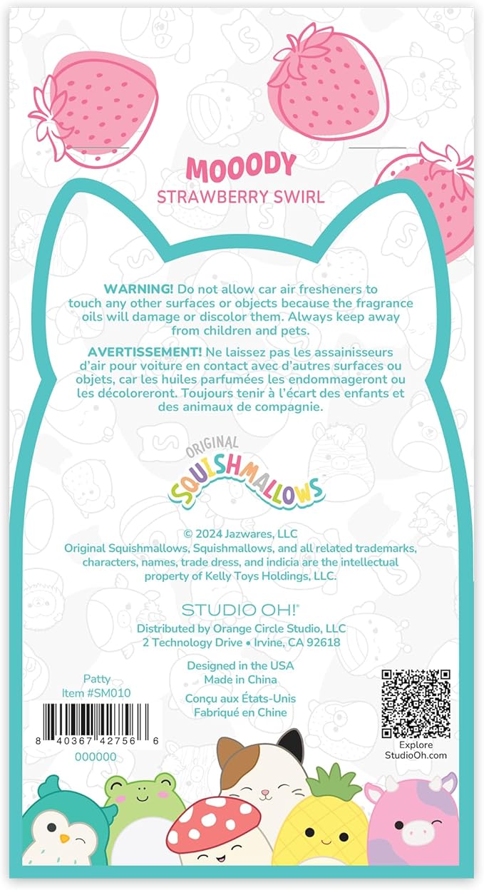 Studio Oh! x Squishmallow Patty Car Air Fresheners, Pack of 2, Sweet Strawberry, Vanilla, Citrus, Freesia, and Crisp Apple - Mooody Strawberry Swirl