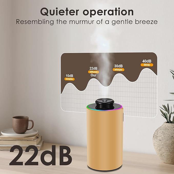 Waterless Essential Oil Diffuser with 8 Color LED Night Light, 3 Mist Levels & Timers, Portable Rechargeable Aromatherapy Diffuser for Home Car Room Studio Office, Black Metal (Gold)