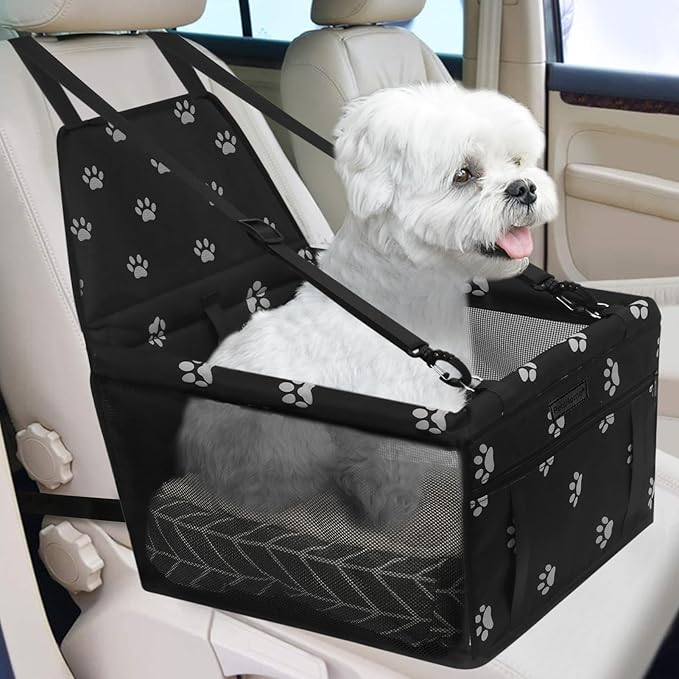 PetsHome Dog Car Seat Foldable Dog Car Booster Seat Waterproof Breathable Oxford Travel Bag for Small to Medium Dogs, Puppies, and Pets-Footprint Black+Mat