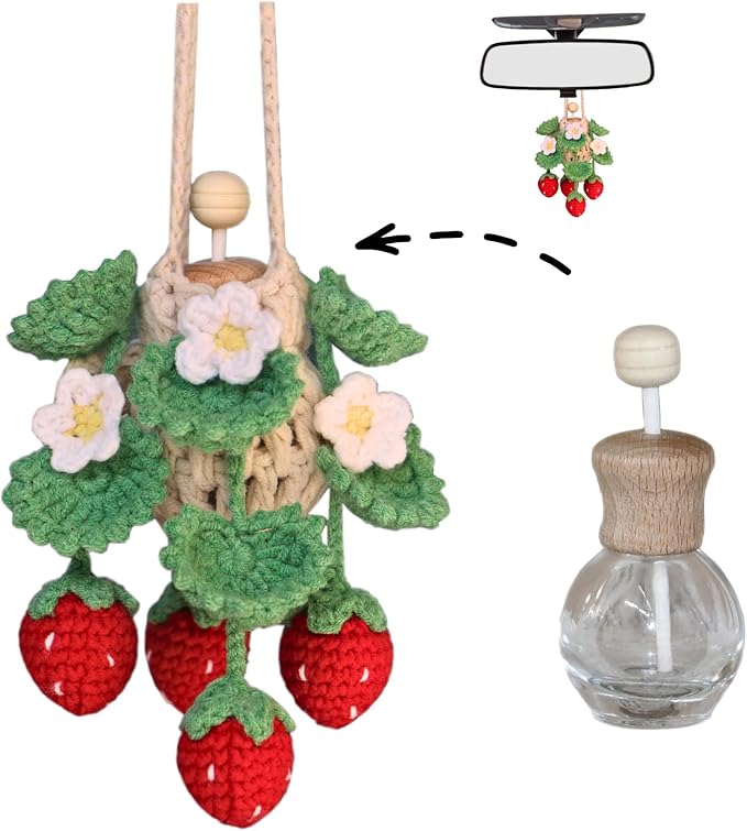 Handmade Crochet Hanging Car Air Freshener - Cute Strawberry Plant Design, 12ml Refillable Thick Glass Bottle, Car Diffuser for Rearview Mirror, Home & Office Decor