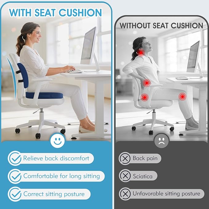 Seat Cushion, Lumbar Support Pillow with Adjustable Strap-Chair Cushions for Sciatica Pain Relief-with Washable Cover Memory Foam for Car, Travel and Wheelchair-Blue X-Large