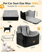 Dog Car Seat for Small/Medium Dogs Up to 35lbs, 2-in-1 Pet Car Seat with Memory Foam, Detachable Washable Dog Bed for Cars, Pet Booster Carseat with Storage Pockets Fits Front/Back Seats (Black/Grey)