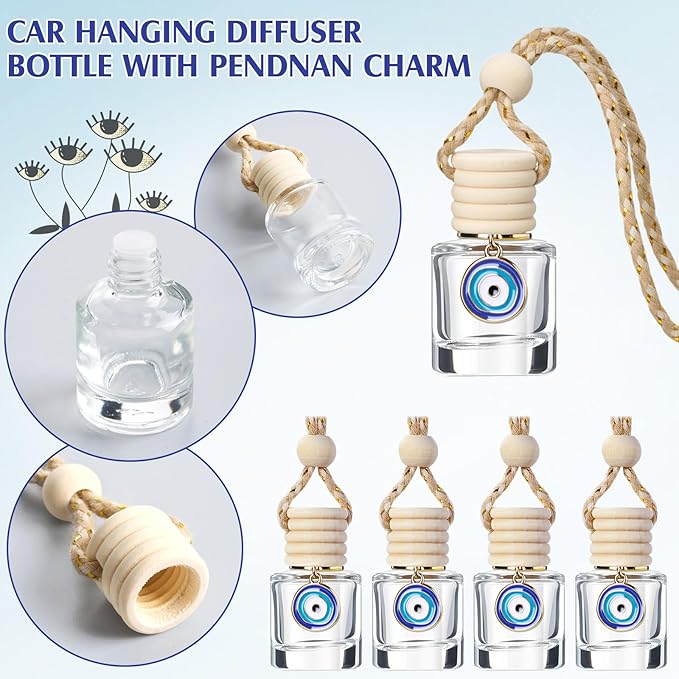 Qinyoung 30 Pack Employee Appreciation Gift Hanging Car Air Freshener Diffuser Bottles Empty Bulk Essential Oil Perfume Car Diffuser Pendant Bottle with Evil Eye Charms Gift for Valentines Galentines