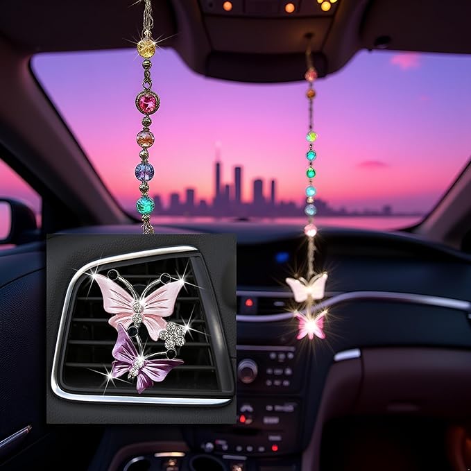 Car Air Fresheners Vent Clips for Women, Cute Dual Butterfly Diamond Rhinestone Sparkly Bling Air Freshener Accessories