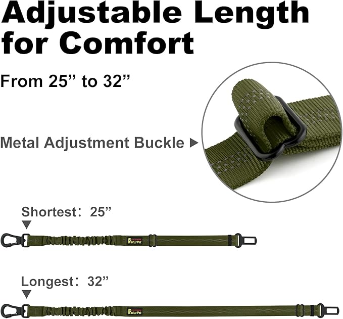 Plutus Pet Dog Seat Belt for Car, Adjustable Dog Car Harness with Carabiner Clip, Reflective Safety Dog Seatbelt Leash with Elastic Bungee, Ranger Green