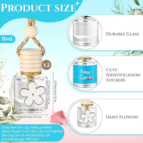 2 Sets Hanging Car Air Freshener and Essential Oil Diffuser, Car Air Freshener Daisy Essential Oil Diffuser Long Lasting Automobile Aromatherapy(White,New Car)