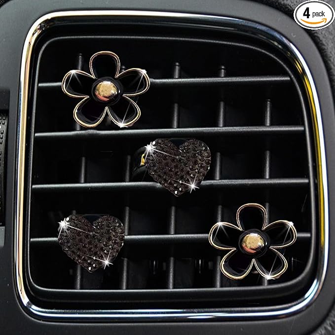 4PCS Car Air Vent Clips with Fragrance Pads, Cute Flower Car Air Fresheners Vents Clips Diamond Vent Clip Auto Interior Decor Charm Bling Auto Accessories Decoration for Women (Black)