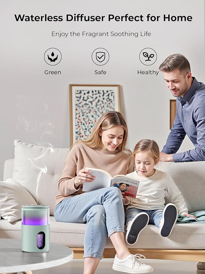 Battery Operated Waterless Diffuser – Portable Scent Machine for Car, Office & Bedroom, Ultrasonic Aroma Mist with 9 Color LED Light, Mini Essential Oil Diffuser Light Cyan