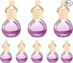 uxcell 8pcs Hanging Car Air Freshener Perfume Bottle, 10ml Pendant Empty Clear/Purple Glass Essential Oil Aromatherapy Diffuser with Wooden Cap for Car Decor (Clear/Purple, Round)