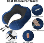 Travel Pillow, Memory Foam Neck Pillow for Traveling, U Shape Neck Pillow Airplane Portable Flight Pillow Travel Kit with 5D Contoured Eye Masks and Earplug for Plane Train Car Home Office - Blue