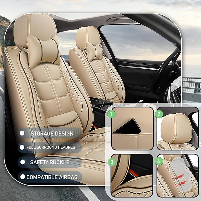 Leather Car Seat Covers Fit for Toyota Tacoma 2005-2024, 5 Seater Car Seat Cover, Premium Waterproof, Scratch Resistant Car Interior Accessories (Full Set with Pillow Beige)