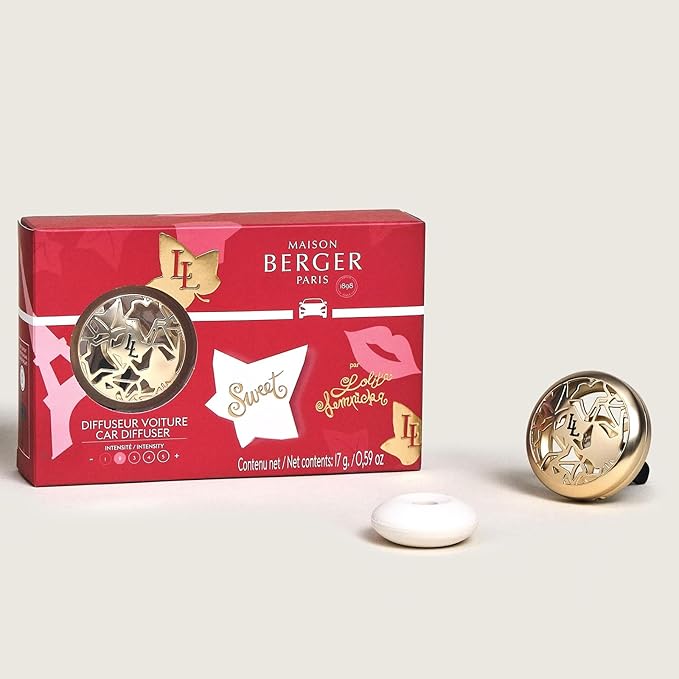 Maison Berger Luxury Car Diffuser Set Lolita Lempicka Sweet – Refillable Vent Clip with Ceramic Refill, 4-Week Passive Diffusion, Gourmand Fruity Scent, Made in France