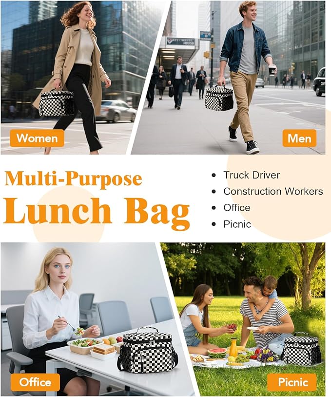 Insulated Lunch Bag for Men & Women, 9L Leakproof Lunch Box Soft Cooler Tote with 5 Pockets, 600D Oxford, EVA Lining, Adjustable Strap for Work, Picnic, Beach&Travel-Corduroy Black Checkered