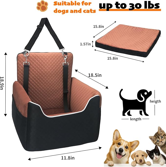 Dog Car Seat for Small/Medium Dogs Under 35lbs, Soft Booster Car Seat with Detachable Washable Cover and Cushion, Memory Foam Pet Car Seat with Safety Belt and Storage Pockets, Puppy Dog Car Bed