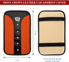 Bling Leather Car Center Console Cover, Anti-Slip Crown Armrest Seat Box Cushion Pad with Rhinestones, Waterproof Crystal Arm Rest Protector Interior Decor for Most Vehicles (Orange)