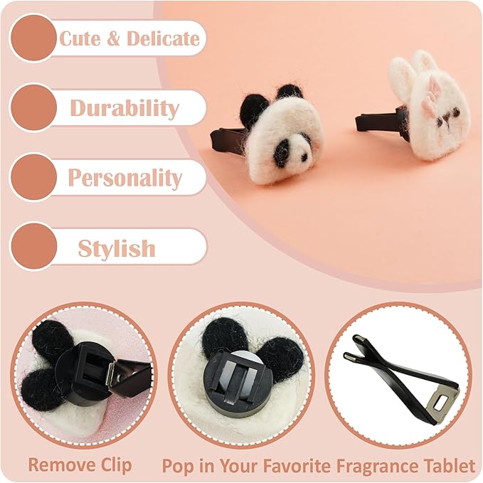 Wonhibo Panda Bear & Bunny Car Air Freshener Vent Clip, 2 Pack Cute Soft Stuffed Animal Vent Decor Car Accessories for Women