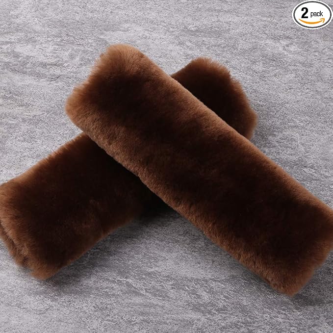 OGLAND 2 Pack Automotive Authentic Sheepskin Car Seat Belt Pads, Soft Shoulder Pad, Neck Cushion Protector, Genuine Natural Merino Wool (Saddle Brown)