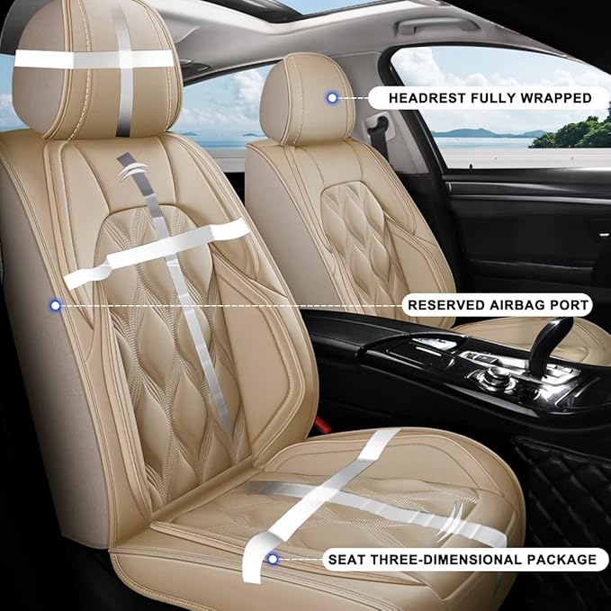 AOMSAZTO Leather Car Seat Covers Front 2 Seats Vehicle Cushion Cover Fit for Most Cars Sedans SUV Truck Tacoma Outback Rogue RAV4 Civic Tiguan Jetta Beige, SC-JX032-1-Beige