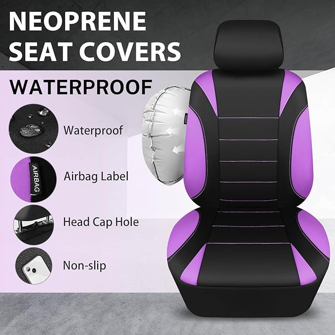CCAR Pass Neoprene Wetsuit Seat Covers, Waterproof Car Seat Covers Full Sets with 5mm Composite EVA, Universal Fit for Car Sedan, SUV Trucks Anti Slip with Airbag Compatible(Black Purple)