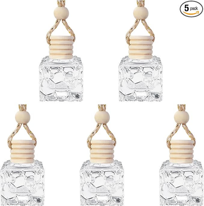 5PCS Hanging Car Air Freshener, Car Air Freshener Diffuser, 8ml Hanging Essential Oil Diffuser Bottle, Auto Interior Cute Glass Empty Perfume Bottle Ornament for Most Vehicles (Water Cube)