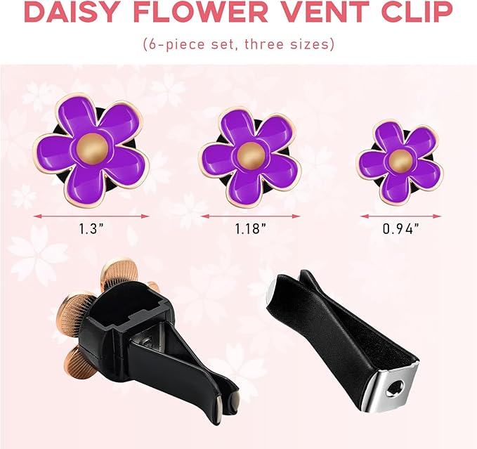 6PCS Daisy Flower Car Air Vent Clips, Cute Flower Shape Auto Air Freshener Outlet Clip, Vehicle Air Conditioning Clip Charm for Women Girls, Interior Decor Car Accessories (Purple)