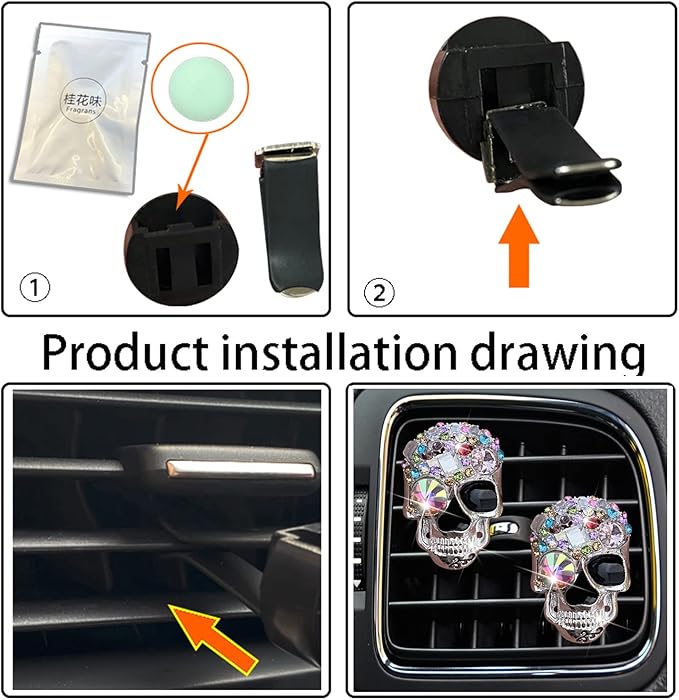 Bling Skull Air Vent Clips, 2 Pcs Crystal Skull Car Air Fresheners Vent Clips Diffuser Vent Clip Rhinestone Diamond Car Decoration Cute Interior Decor Bling Accessories for Women