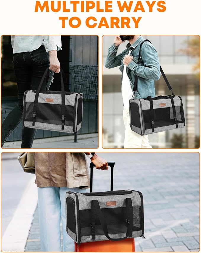 Large Cat Dog Carrier for Pet Up to 20 Lb - 20×13×13 in, Top & Side Entry, Foldable, Soft-Sided Pet Carrier with Ventilated Anti-Scratch Mesh & Car Seat Buckle for Car, Travel and Vet – Grey