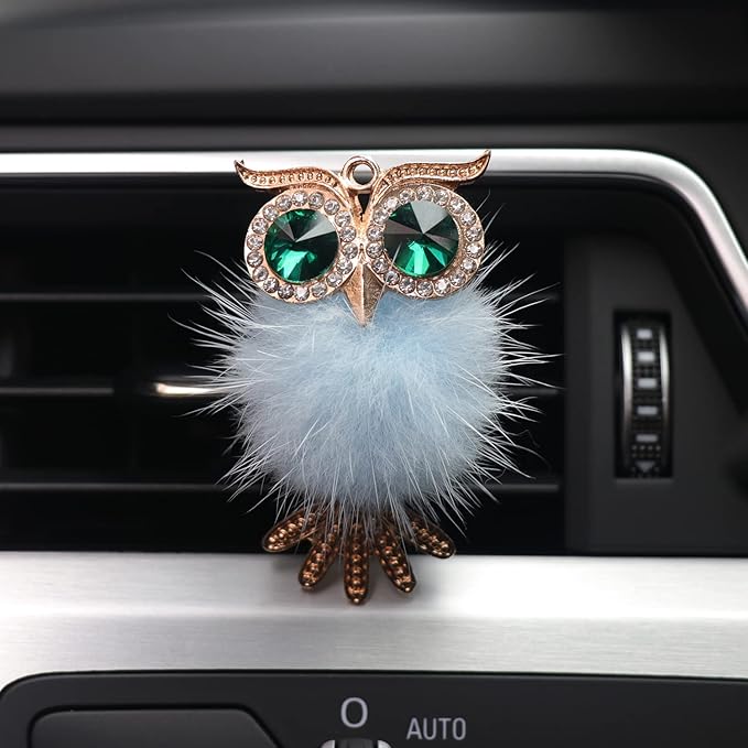 HungMieh 1PCS Bling Car Accessories for Women, Rhinestone Car Décor Interior, Car Charm Air Vent Clip with Pads for Fragrance (Owl Blue)