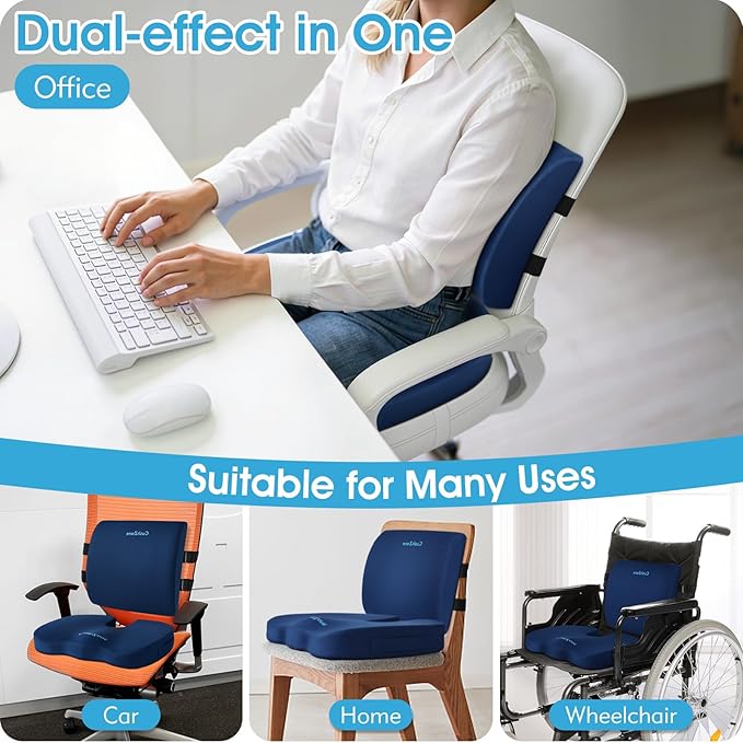 Seat Cushion, Lumbar Support Pillow with Adjustable Strap-Chair Cushions for Sciatica Pain Relief-with Washable Cover Memory Foam for Car, Travel and Wheelchair-Blue