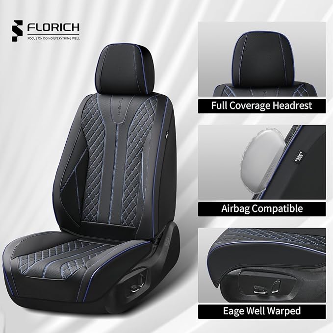 FLORICH Automotive Car Seat Covers Front Seat, Leather Car Seat Cover 2 Pack Waterproof Front Seat Covers Full Coverage Driver Seat Protector Universal Fit for Most Cars SUV Trucks, Black&Blue Line