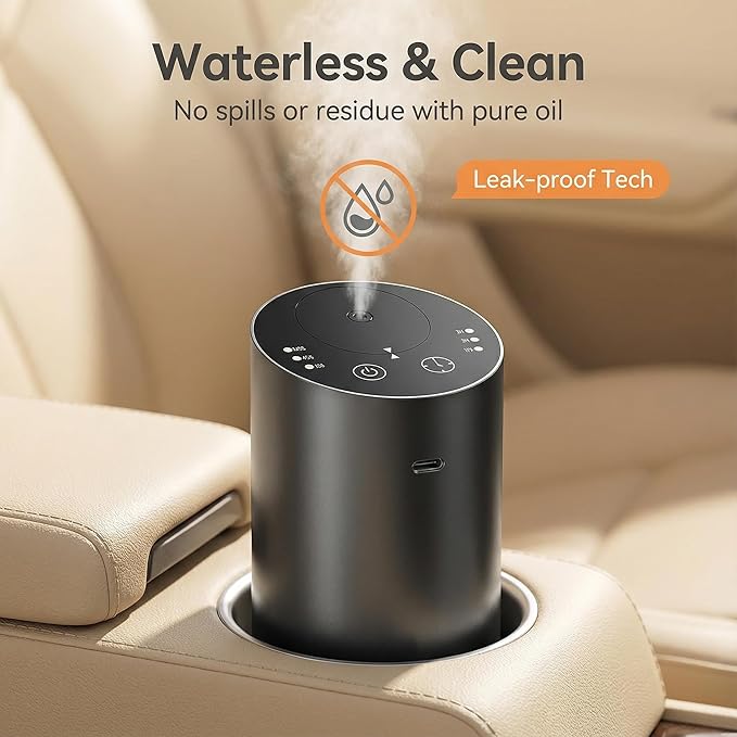 Waterless Car Diffuser, Battery Operated Essential Oil Diffuser with Timer, No Leakage Technology, Super Quiet Cordless Aromatherapy for Car
