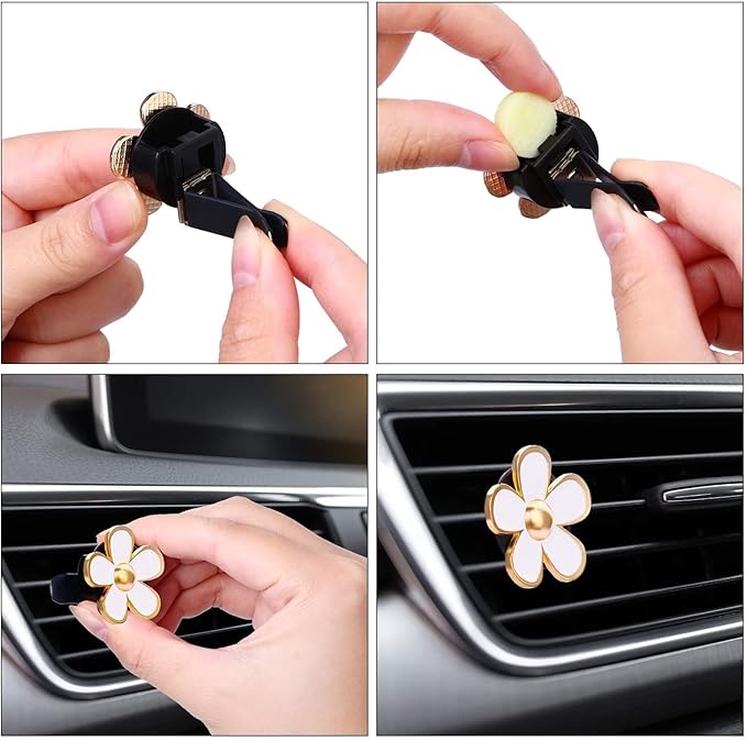 Daisy Air Vent Clips: 6 Pcs Cute Flower Air Conditioning Outlet Clip Car Air Fresheners Vent Clips Interior Decor Charm Car Decoration Cute Accessories for Women Girls + Mask Hook(White)