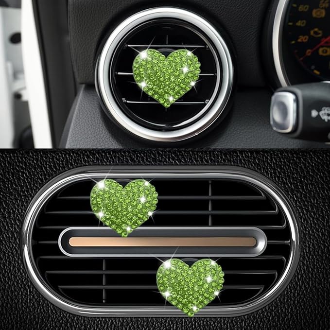 4PCS Heart-Shaped Car Vent Clip with Rhinestone, Vent Clip Car Accessories, Sparkly Rhinestone Bling Diamond Freshener Holder, Air Conditioning Outlet Ornament for Women Girls (Green, Style1)