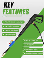 Pressure Washer Gun Set, Max W.P. 2320PSI, B.P. 5000PSI, Replacement for Ryobi Powerstroke Greenworks, M22-14mm & M22-15mm Fitting, 4 Stainless Steel Nozzle Tips & Holder