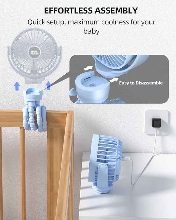 Portable Stroller Mini Fan, Small Rechargeable Personal Fan, Travel Essentials for Baby, Wagon, Car Seat, Treadmill, Battery Powered Biking Gear Accessories, 360° Rotation, 3-Speed, Display