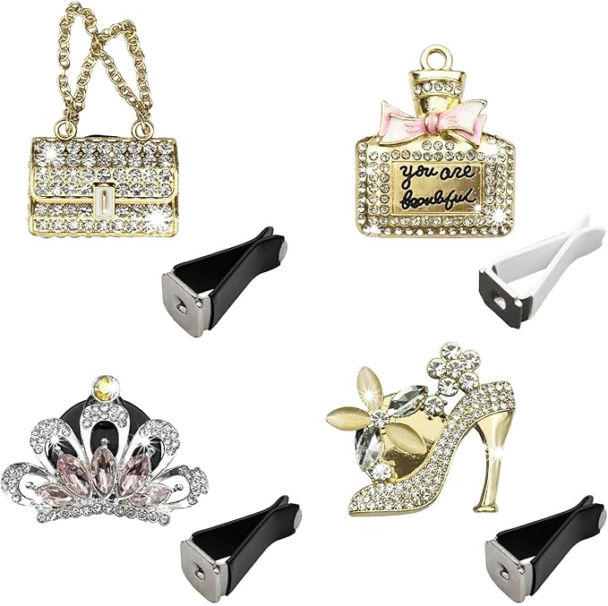 4PCS Bling Air Freshener Vent Clip, Crystal Rhinestone Heels Bag Crown Perfume Bottle Dashboard Air Vent Trim Clips, Cars Accessories Interior Decor (Gold)