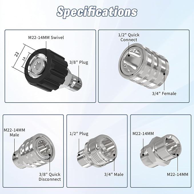 Pressure Washer Quick Connect Kit, M22-14mm to 3/8" Male Female Quick Disconnect Kit for Power Washer, 3/4 Inch Hose Fittings Adapter Set, Stainless Steel, 9 pcs