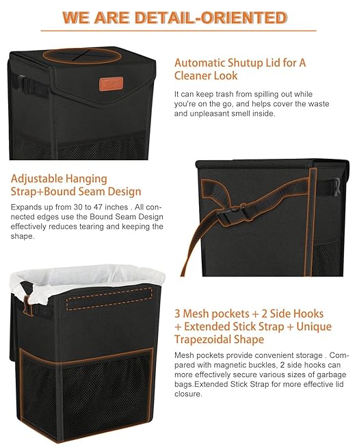 Car Trash Can with Lid, Cute Leakproof Car Trash Garbage Bag Hanging Vehicle Trash Bin Small Portable Automotive Garbage Cans Organizer for Back/Front Seat/Console(Trapezoid,Black)